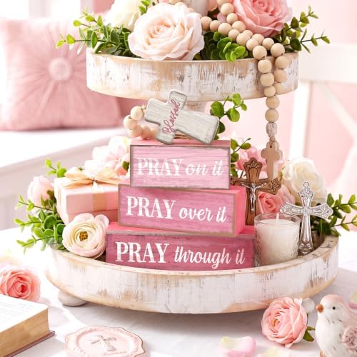 Moucuny 4 Pcs Pink Christian Table Decor Cross Wooden Bible Verse Sign