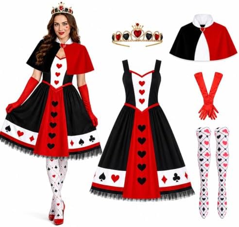 5PCS Red and Black Queen Costume for Women Halloween Playing Card Outfit