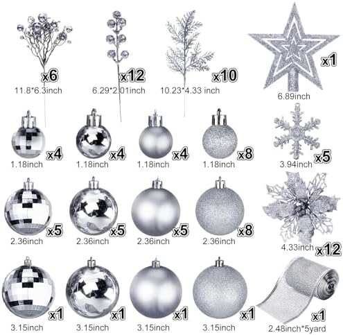 Sratte 94 Pcs Christmas Tree Ornaments Decoration Set, Silver