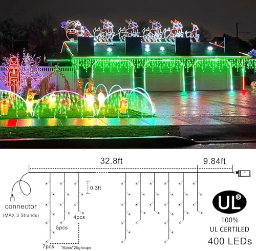 Green Christmas Lights Outdoor, 33ft 400 LED Icicle Lights for Outside House with Connectable Clear Wire 8 Modes Timer, Plug in Waterproof for Home Holiday Eaves Yard Party Room Indoor Decoration