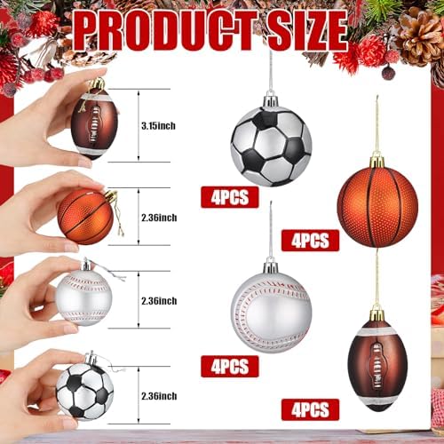 Syhood 16 Pcs Christmas Sport Ball Ornaments Tree Decor with Hanging Loop