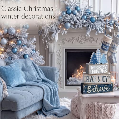 Moucuny 4 Pcs Christmas Table Decorations Blue Christmas Tree Stacked Wooden Sign Decor Rustic Winter Tiered Tray Decor Blue and White Xmas Table Centerpiece Farmhouse for Home Kitchen Shelf