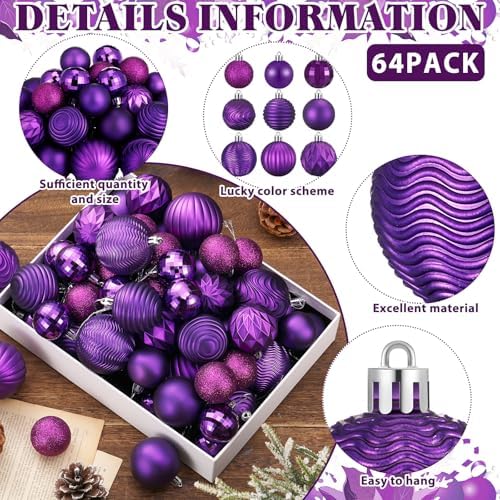 Lunmon 64 Pcs Purple Christmas Ball Ornaments 1.57/1.97/2.36 Inch