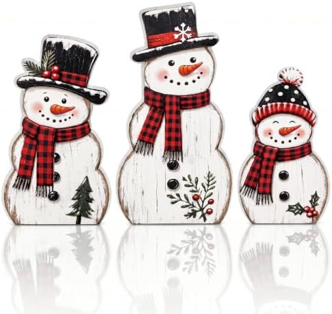 Barydat 3 Pcs Christmas Snowman Table Decoration Winter Snowman Wood Sign