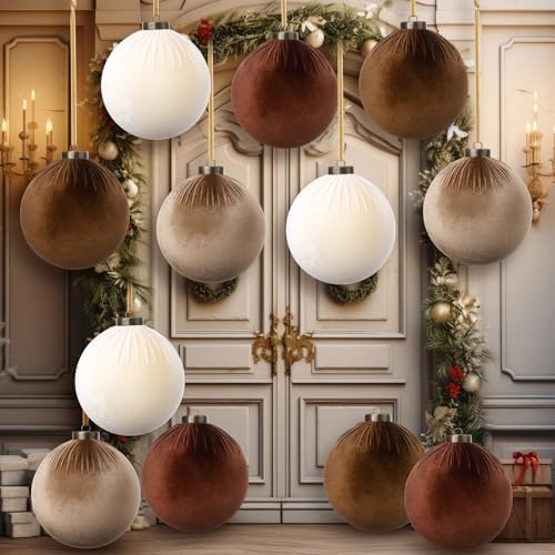 Liliful 12 Pcs Extra Large Velvet Christmas Balls Velvet Ornaments for Christmas Tree Flocked Shatterproof Xmas Tree Balls Bulk for Holiday Party Xmas Trees Hanging Decorations(4 Inch,Brown)