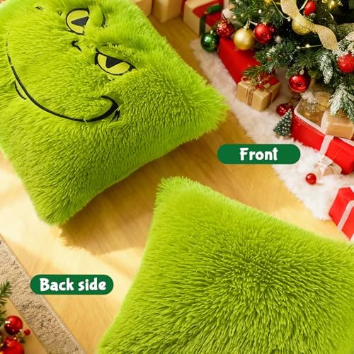 eowvsio 2PCS Chrismas Pillow Covers 18x18 inch,Green Xmas Throw Pillow Cases,Chrismas Decor Soft Plush Faux Fur Wool Couch Cushion Case for Chair Sofa Bedroom Living Room