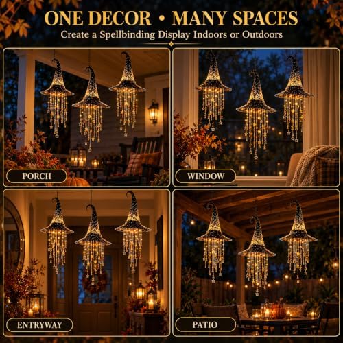 2027 New Lighted Witch Hat Hanging Chime Halloween, Witch Star Tassel，3pc