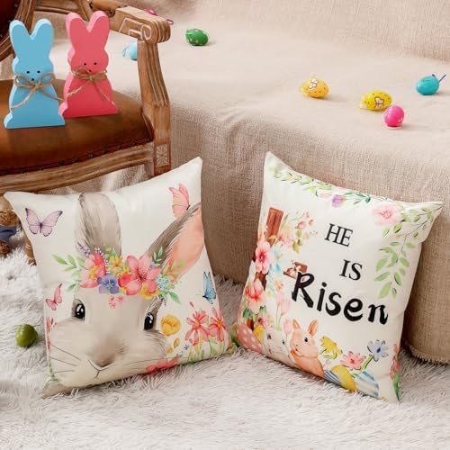 multiwins 8-Sided Easter Pillow Covers Set of 4 with 2 Wooden Bunny Decorations, 20 x 20 Inch Reversible Decor with Bunny, Floral Eggs & “He is Risen” Prints for Indoor/Outdoor, Spring Holiday Decor