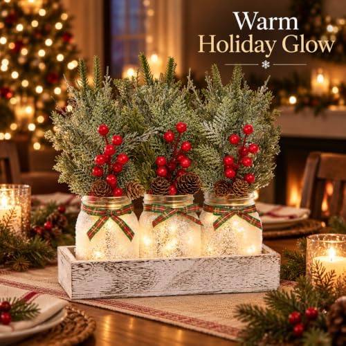Mason Jar Christmas Centerpieces for Tables, Winter Xmas Table Decorations