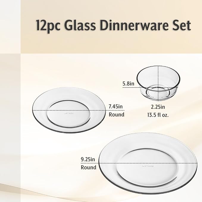 12pc Glass Dinnerware Set - Sleek Round Clear Glass Plate and Bowl Sets - Dishwasher Safe, Bread & Butter Dinner, Dessert, Salad Plates & Serving Cereal Soup Bowls Dishes for Kitchen Dining & Parties