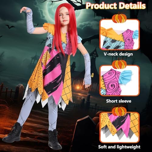 Girls Christmas Nightmare Cosplay Outfit Kids Toddler Doll Princess Halloween Costumes with Red Wig Tattoo Stickers