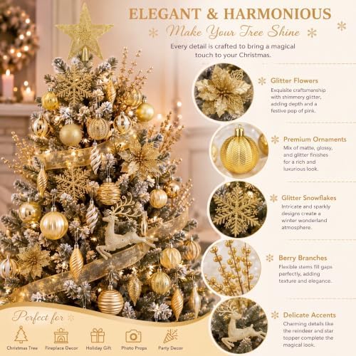 CroBlissful 118 Pcs Christmas Tree Ornaments Set Including Ornaments Balls, Hanging Snowflakes Icicle, Mesh Ribbon, Tree Top Star, Flower, Berries Stems for Xmas Trees Holiday Decor(Gold)