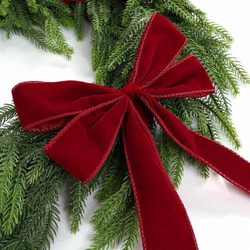 Christmas Decor - 6FT Norfolk Pine Garland with Ribbon Bows Red Velvet
