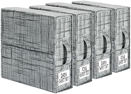 SUOCO SheetCube Bed Sheet Organizers and Storage 4 Pack, Foldable Linen Closet Organizer, Bedding Folder Storage Box Container for Blanket, Duvet Cover Set, Bed Sheet Set - Pattern Grey