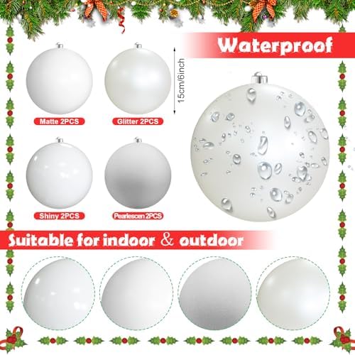 Yerliker 8 Pack 6 Inch Large Christmas Ornament Hanging Balls, White