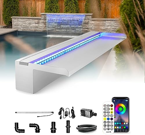 LONGRUN Stainless Steel Waterfall Spillway, APP Control Multi-Color LED Light Outdoor Pool Fountain, Water Spillway Koi Pond Waterfalls Fountains Kit for Garden Patio Swimming Pool Decoration-23.6"