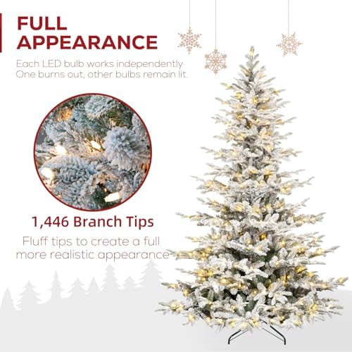 Hykolity 7.5 ft Snow Flocked Aspen Fir Christmas Tree, Prelit Artificial Christmas Tree with 450 Warm White Lights, 1173 PE & PVC Branch Tips, Metal Stand and Hinged Branches