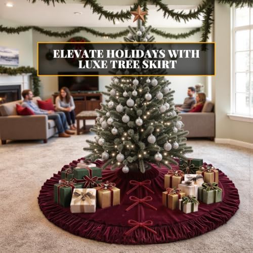 VEILS Large Christmas Tree Skirt, Velvet Burgundy Tree Skirts with Center Pleats and Plush Tie Closures for Christmas Party Favors Decor(60")