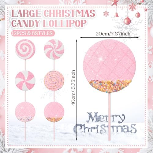 Roowest 12 Pcs 13.78'' Pastel Large Candy Christmas Decorations Giant Lollipop Candy Decoration with Sticks Macaron Peppermint Xmas Decor for Christmas Tree Ornament Holiday Party (Pink,6 Styles)