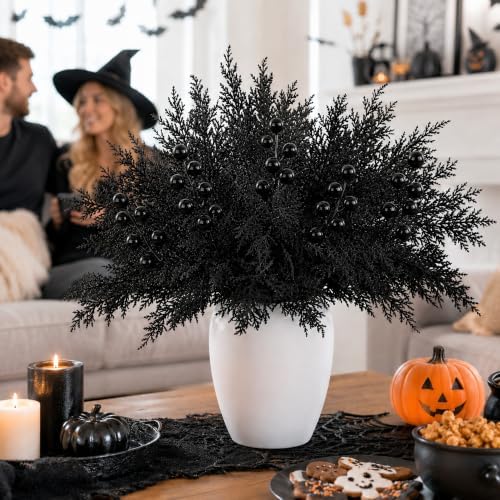 45 Pcs Halloween Black Cypress Leaf Branches, Faux Black Stems Centerpieces