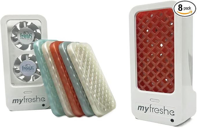 Fresh Products myfreshe Plug in Air Freshener No Heat No Glass Dry Fragrance Refills For Small Spaces Made in the USA Starter Kit w 2 Dispensers and 3 Fragrances