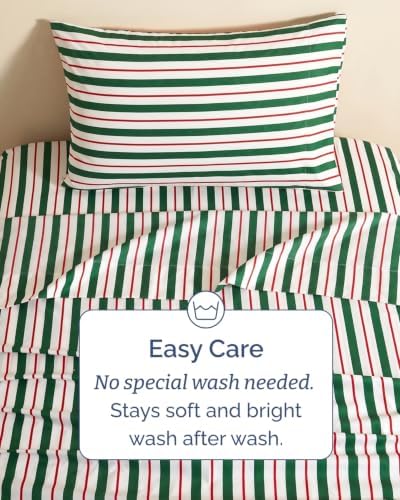 Christmas Sheet Set, Cabana Stripe, Holiday Xmas Bedding Set - Twin Size