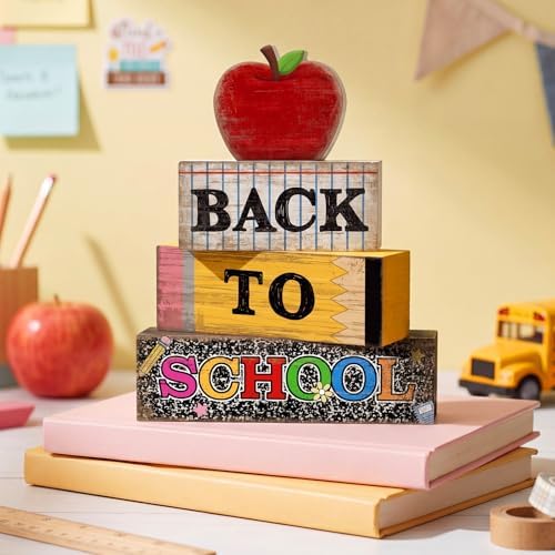 Lineshading 4 Pcs Back to School Table Decor Wooden Apple Blocks Sign