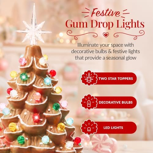 Best Choice Products 15in Ceramic Christmas Tree, Pre-lit Hand-Painted Tabletop Holiday Tree, 2 Star Toppers, 64 Lights - Gingerbread w/Multicolored Bulbs