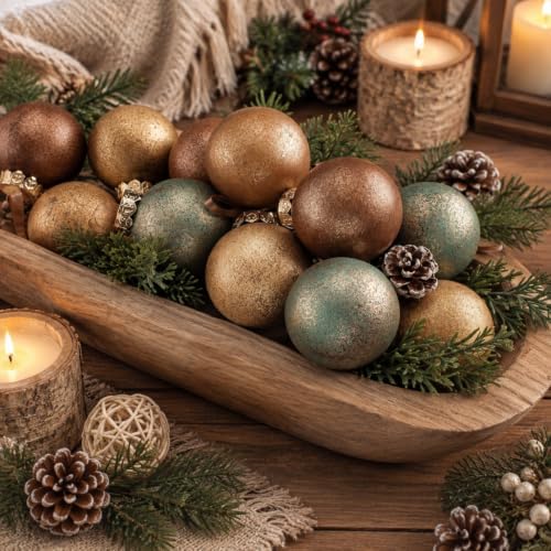 Yunlly 12 Pcs Neutral Christmas Ornament, Brown Copper Sage Green, 4''