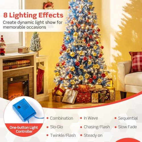 HAPPYGRILL 7 FT Pre-lit Christmas Tree Blue Hinged Artificial Xmas Tree with 340 Warm White LED Lights, 8 Modes, 1062 Frosted Branch Tips, Folding Metal Base, for Home Party Holiday