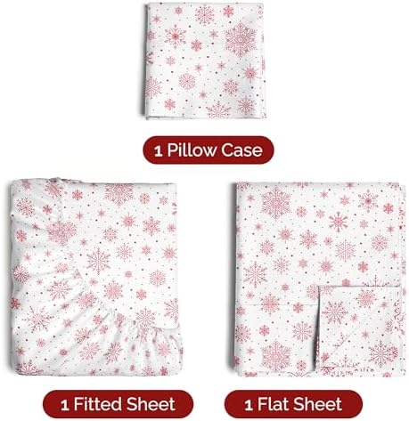Christmas Sheet Set, Red Snowflakes, Holiday Xmas Bedding Set - Twin Size