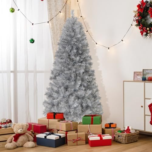 HAPPYGRILL 6 FT Pre-Lit Christmas Tree Silver Tinsel Artificial Xmas Tree with 553 Branch Tips, 230 Warm White LED Lights, Upgraded Metal Stand, Hinged Decoration Tree, Festive Celebration Tree