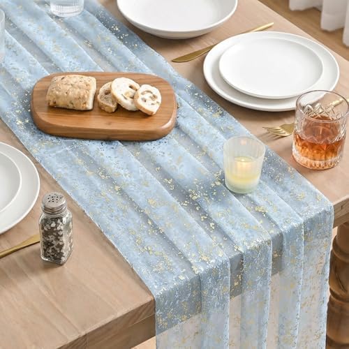 Artoid Mode Gold Gauze Light Blue Table Runner 120 Inch 10FT, Glitter Metallic Foil Sheer Dining Wedding Anniversary Holiday Birthday Table Decor for Home Party