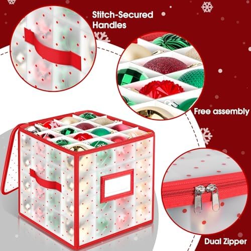 BlessedSeason Christmas Ornament Storage Box with Adjustable Dividers, Store up to 64 3-inch or 36 4-inch Christmas Ornaments, Plastic Xmas Storage with Zippered Closure & Two Handles