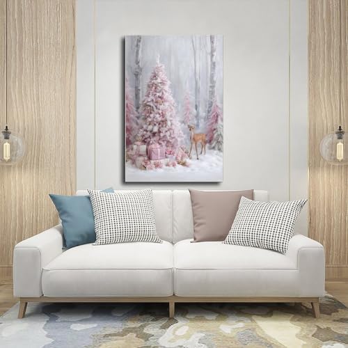JDBeehpy Pink Christmas Tree and Gift Box Wall Art Unframed 24x36inch