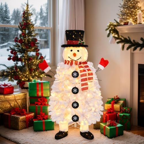 VINGLI 4ft Snowman Christmas Tree with 160 LED Lights, 400 Tips Artificial Xmas Tree, 10 Light Modes Changing, Festive Indoor Christmas Decor for Holiday Party and Home Pre-Lit Design