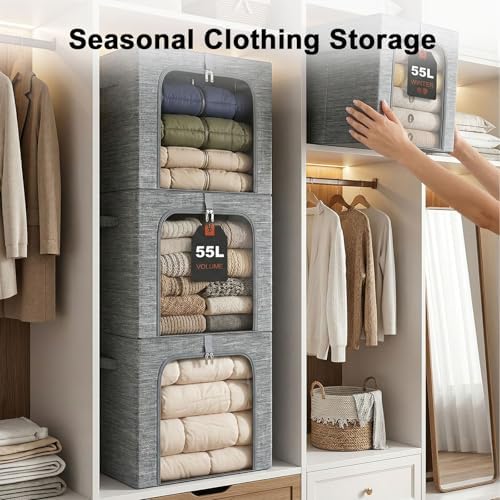 GoMaihe Blanket Storage Bins with Metal Frame for Closet, 55L 4-Pack Grey