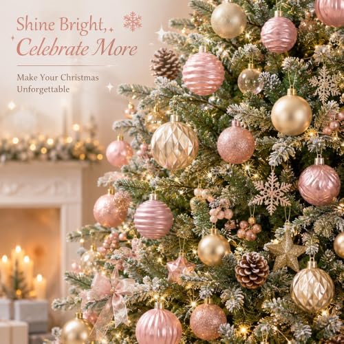 Lunmon 64 Pcs Blush Pink Champagne Gold Christmas Ornaments Xmas Bulbs