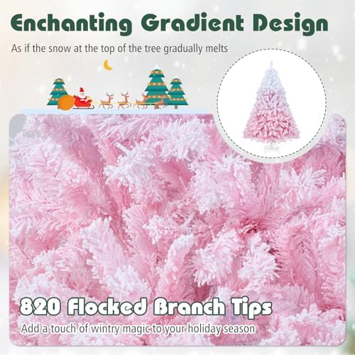 HAPPYGRILL 6 FT Pre-lit Flocked Christmas Tree Pink Hinged Xmas Tree with 820 Branch Tips, 250 Warm White LED Lights & Folding Metal Stand, for Home Office Carnival