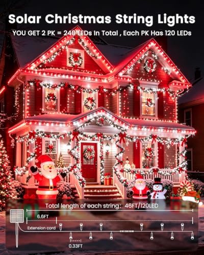 OZS 2 Pack 240 LED Solar Christmas Lights Outdoor Waterproof, Red&White