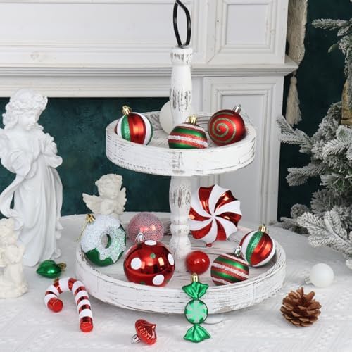 105Ct Red Green and White Christmas Ornaments Set Shatterproof Candy Cane Theme Decorations for Xmas Tree, Donut Polka Dot Assorted Ornaments for Holiday Family Decor (Red Green White)