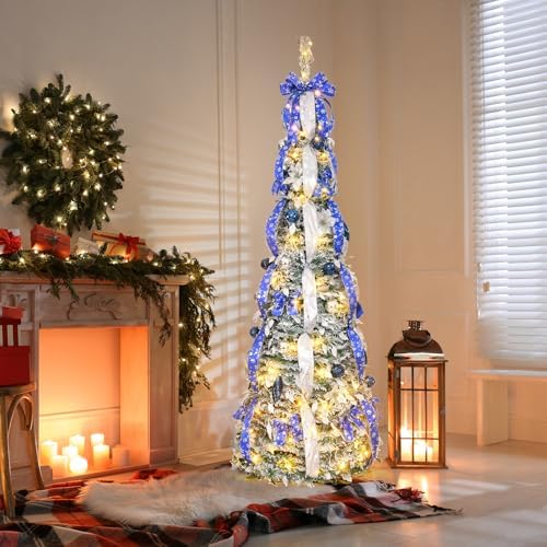 VINGLI 6ft Pre Lit Pop Up Flocked Pencil Christmas Tree with 150 Lights, Fully Decorated Collapsible Holiday Party Decoration (Blue&Silver)