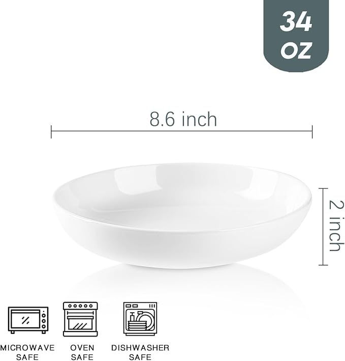 Selamica Porcelain 8.6 inch Salad Pasta Bowls, 34 OZ Bowls Plates, Wide and Shallow Serving bowls, Microwave & Dishwasher Safe, Sturdy & Stackable, Set of 6(White)