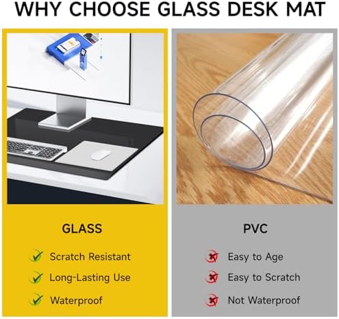 VASUHOME 32" x 20" Black Tempered Glass Desk Mat with Beveled Edge - Ergonomic Desk Protector, Dry Erase Surface, Ideal Table Top Protector for Home & Office