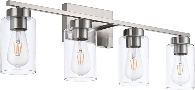 4 Light Bathroom Vanity Light Fixtures, Brush Nickel Modern Wall Lights with Clear Glass Shade, Vintage Wall Sconce Lighting for Living Room, Mirror, Bedroom, Hallway (Nickel, 4-Lights)
