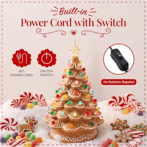 Best Choice Products 15in Ceramic Christmas Tree, Pre-lit Hand-Painted Tabletop Holiday Tree, 2 Star Toppers, 64 Lights - Gingerbread w/Multicolored Bulbs