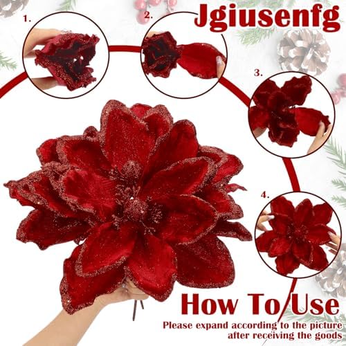 Thiccywoov 8 Pcs Large 12" Christmas Magnolia Flowers, Burgundy