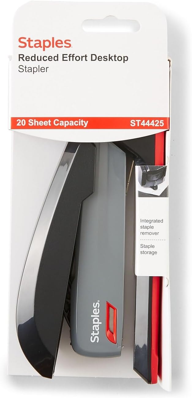 Staples One‑Touch Desktop Staplers, 20‑Sheet Capacity, Gray/Black/Red, 2‑Pack – Smooth‑Press Staplers