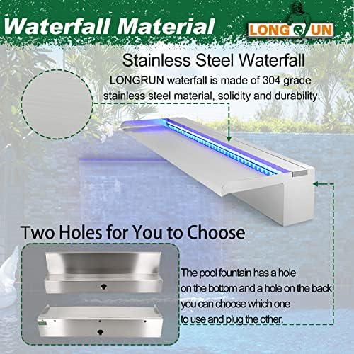LONGRUN Stainless Steel Waterfall Spillway, APP Control Multi-Color LED Light Outdoor Pool Fountain, Water Spillway Koi Pond Waterfalls Fountains Kit for Garden Patio Swimming Pool Decoration-23.6"