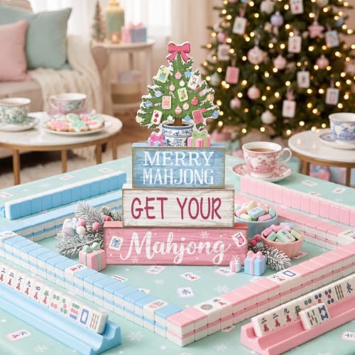 Moucuny 4 Pcs Christmas Mahjong Table Decor Merry Mahjong Wooden Signs